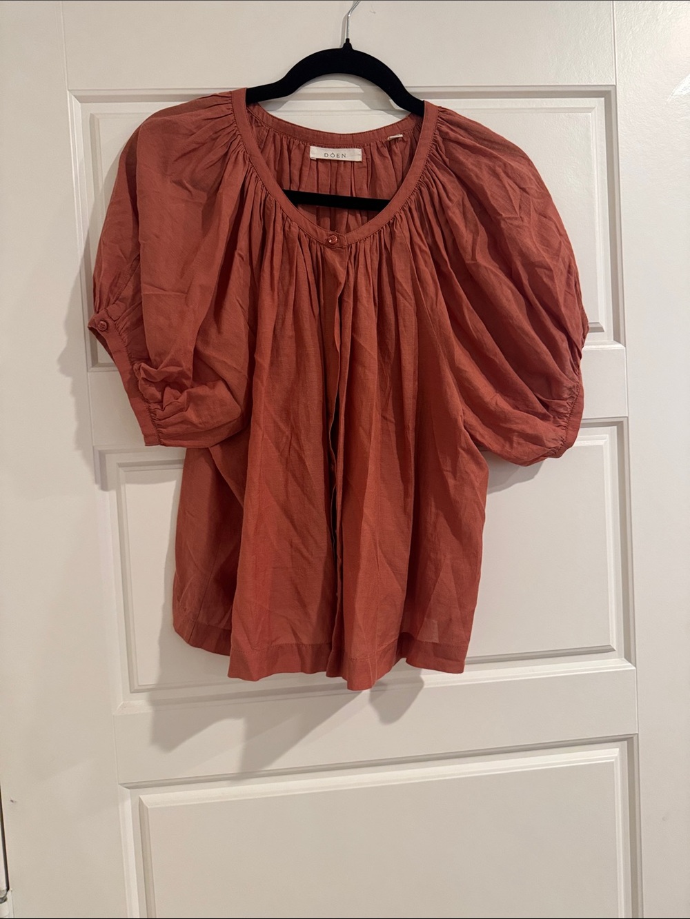 Doen Terracotta Puff-Sleeve Peasant Blouse
